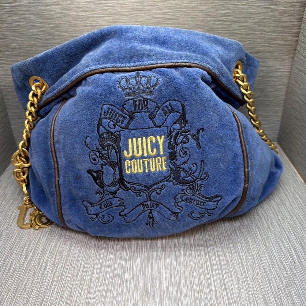 Juicy Couture Juicy For All Vintage Y2K Velour Hobo Bag Blue Chain Strap